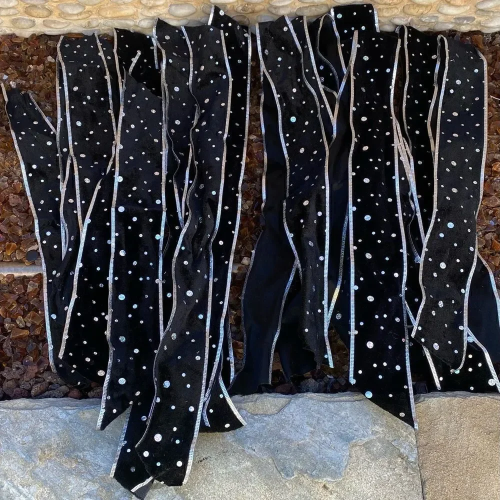 New Black Velvet Silver Sequin Pre-Cut Wire Ribbon. Various Sizes 22 pieces.